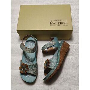 NEW L'Artiste by Spring Step Leather Wedge Sandals Cuteness Teal Multi Sz 38